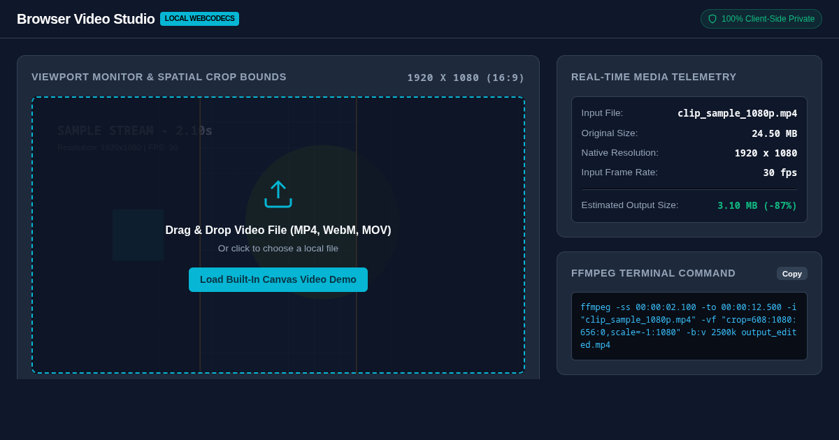 Browser Video Trimmer, Cropper & Transcoder Workbench preview