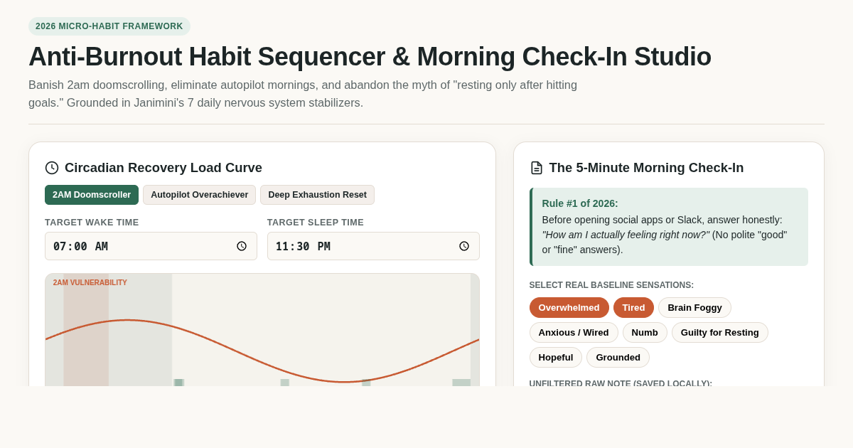 Anti-Burnout Habit Sequencer & Morning Check-In Studio preview