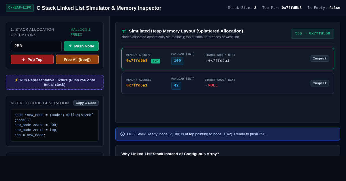 C Stack Linked List Simulator & Memory Inspector preview