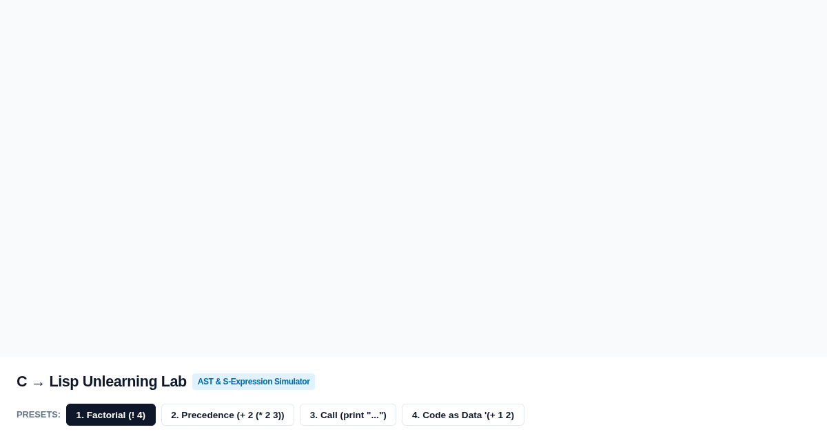 C to Lisp Unlearning Lab: AST & S-Expression Simulator preview