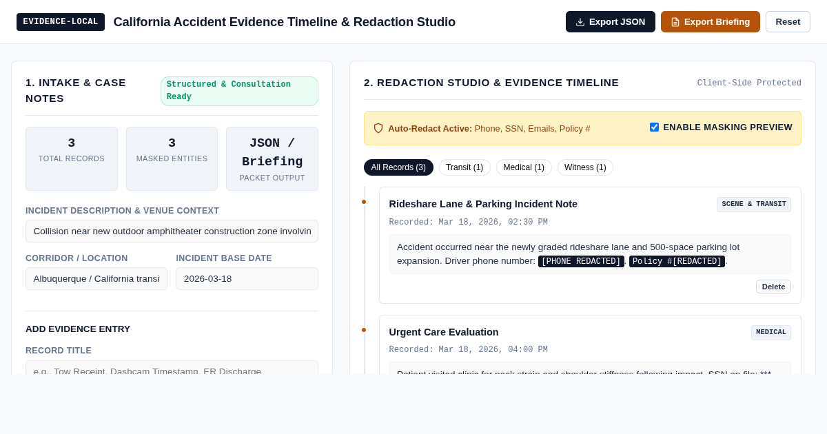California Accident Evidence Timeline & Redaction Studio preview