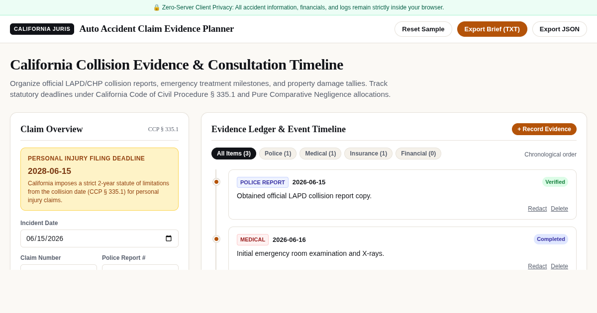 California Auto Accident Claim Evidence Timeline & Injury Documentation Planner preview
