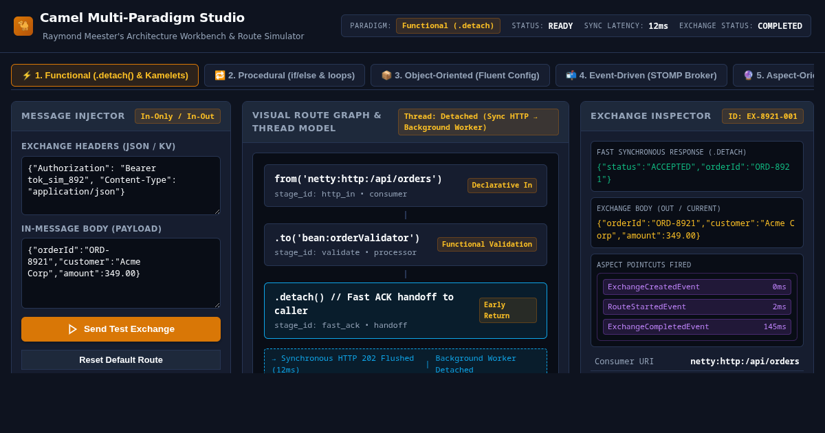 Camel Multi-Paradigm Studio: Route Simulator & Language Explorer preview