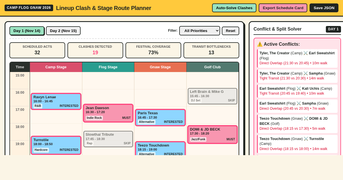 Camp Flog Gnaw Lineup Clash & Stage Route Planner preview