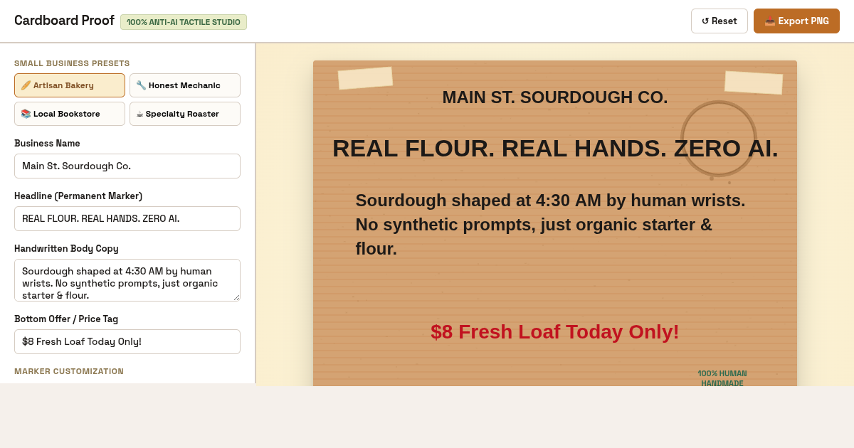 Cardboard Proof: Handwritten Small Business Ad Studio preview