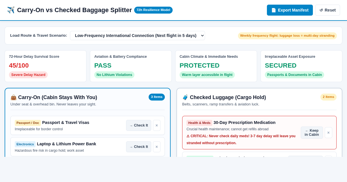 Carry-On vs Checked Baggage Splitter & Delay Stress Simulator preview