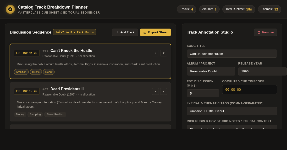 Catalog Track Breakdown Planner & Excerpt Sequencer preview