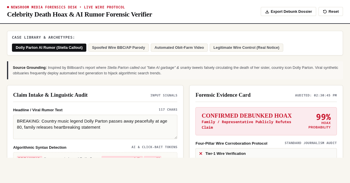 Celebrity Death Hoax & AI Rumor Forensic Verifier | Newsroom Desk preview