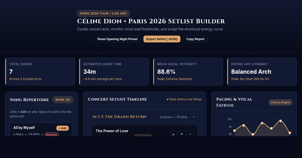 Céline Dion Paris 2026 Setlist Builder & Flow Studio preview