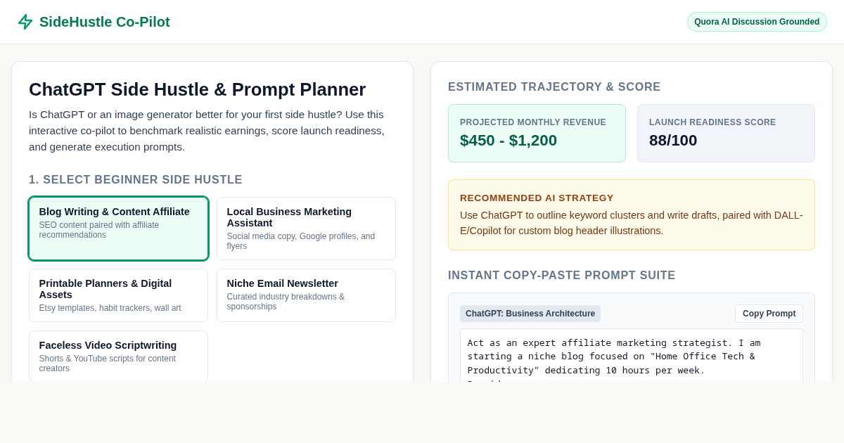 ChatGPT Side Hustle & Prompt Co-Pilot Planner preview