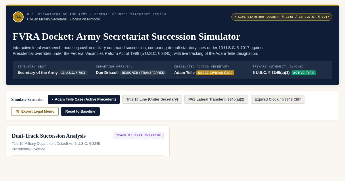 FVRA Docket: Army Secretariat Succession Simulator preview