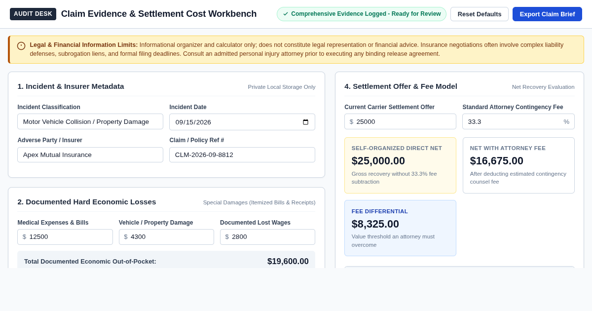 Claim Evidence & Settlement Cost Workbench preview
