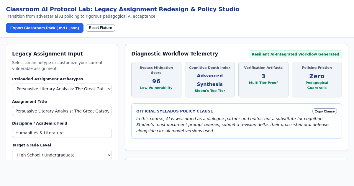 Classroom AI Protocol Lab: Legacy Assignment Redesign & Policy Studio preview