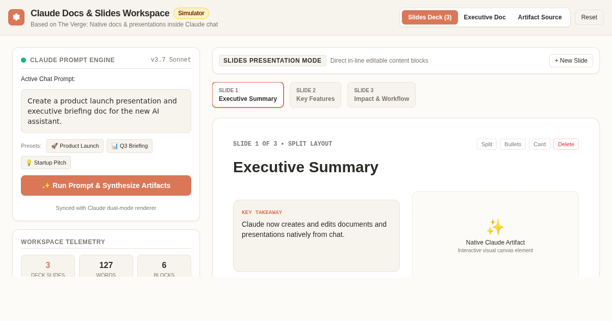 Claude Docs & Slides Workspace Simulator preview