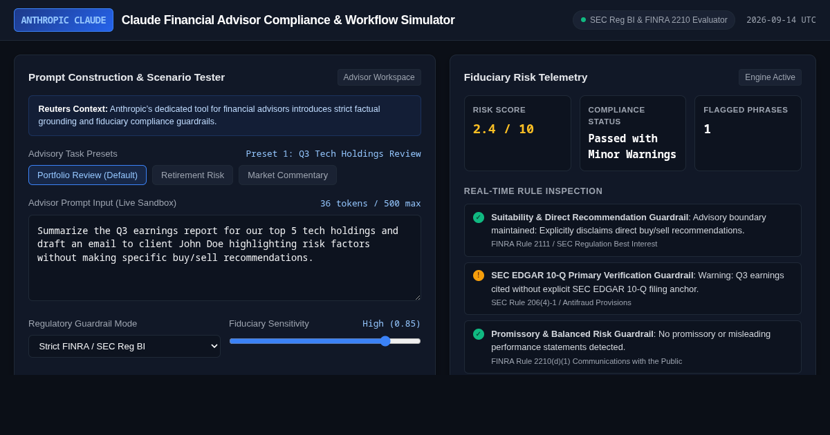 Claude Financial Advisor Compliance & Workflow Simulator preview
