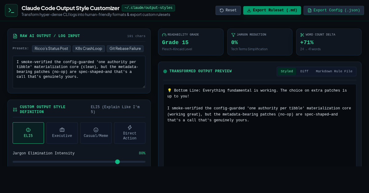 Claude Code Output Style Customizer & Jargon Filter preview