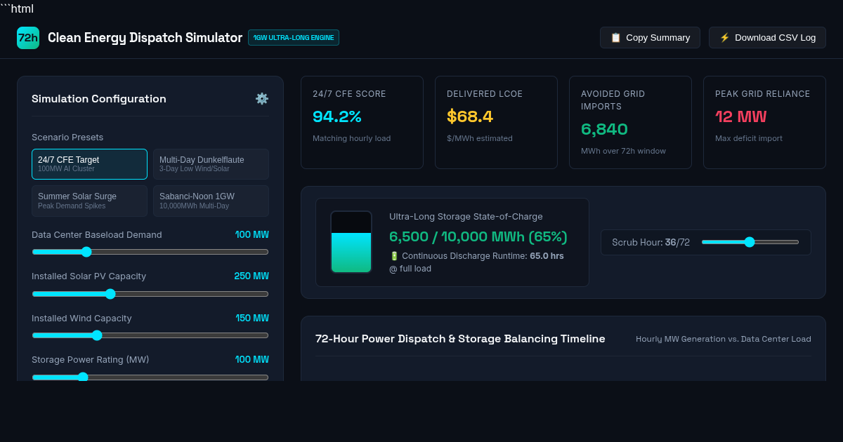 Clean Energy & Data Center Dispatch Simulator | Ultra-Long Duration Storage Engine preview