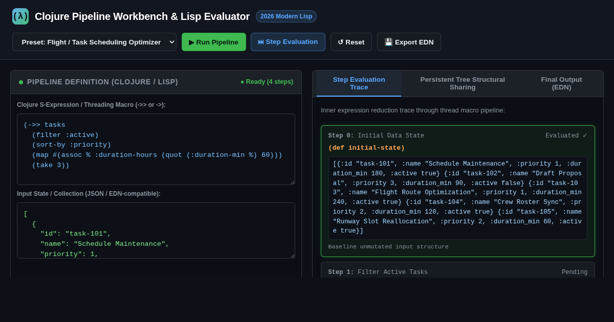 Clojure Pipeline Workbench & Lisp Evaluator preview