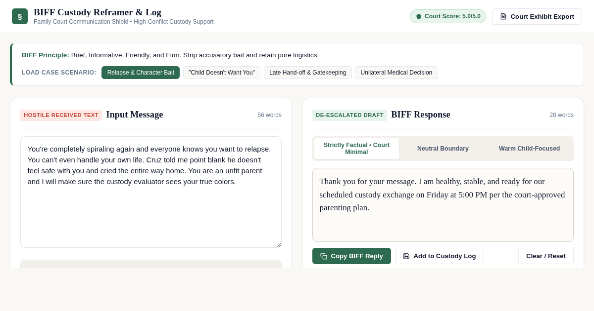 BIFF Co-Parenting Reframer & Court-Ready Custody Log preview