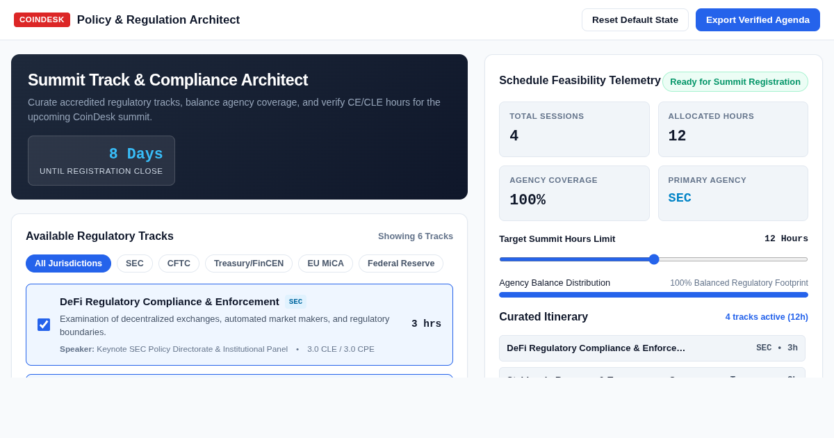 CoinDesk Policy & Regulation Summit Track & Compliance Architect preview