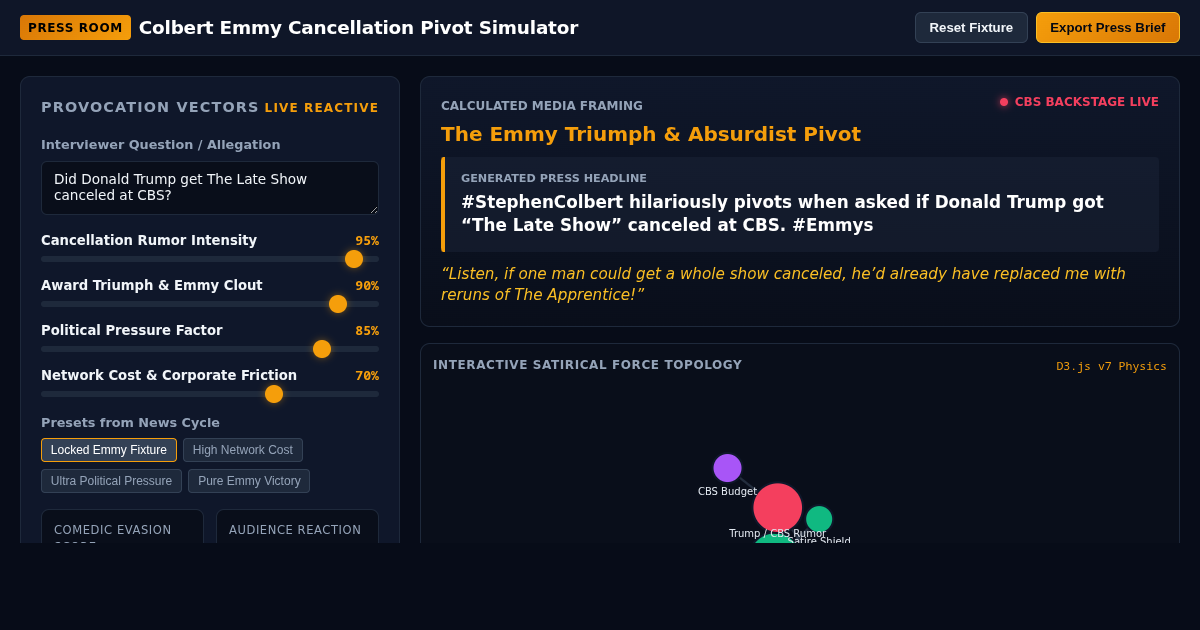 Colbert Emmy Cancellation Pivot & Media Framing Simulator preview