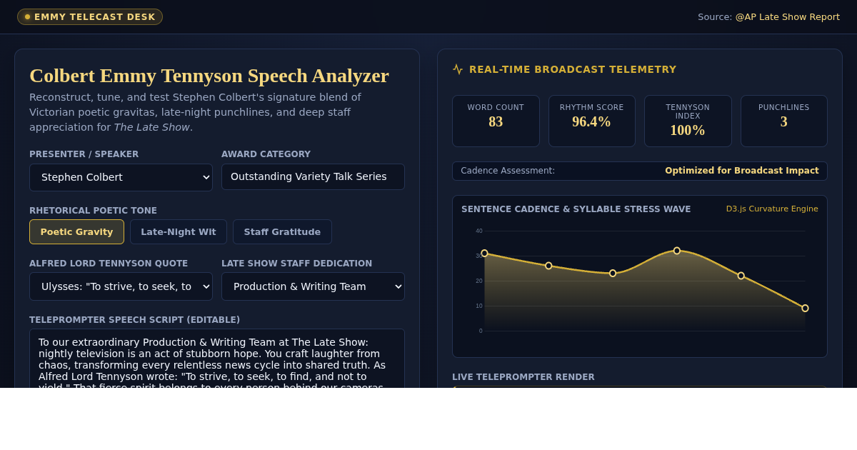 Colbert Emmy Tennyson Speech Analyzer & Tribute Composer preview