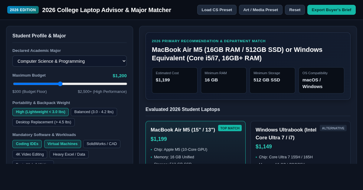 2026 College Laptop Advisor & Major Matcher preview