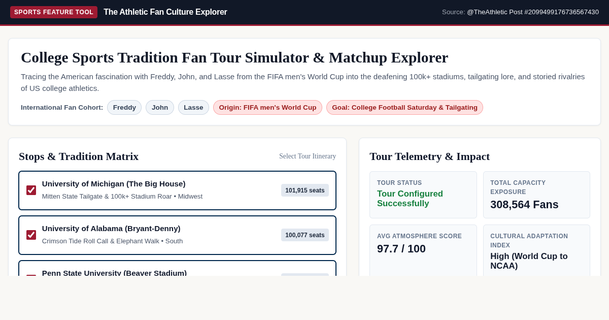 College Sports Tradition Fan Tour Simulator & Matchup Explorer preview