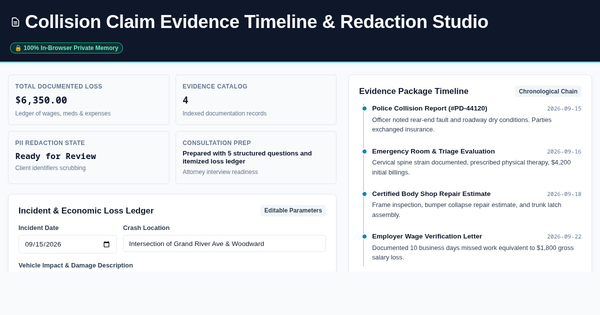 Collision Claim Evidence Timeline & Redaction Studio preview