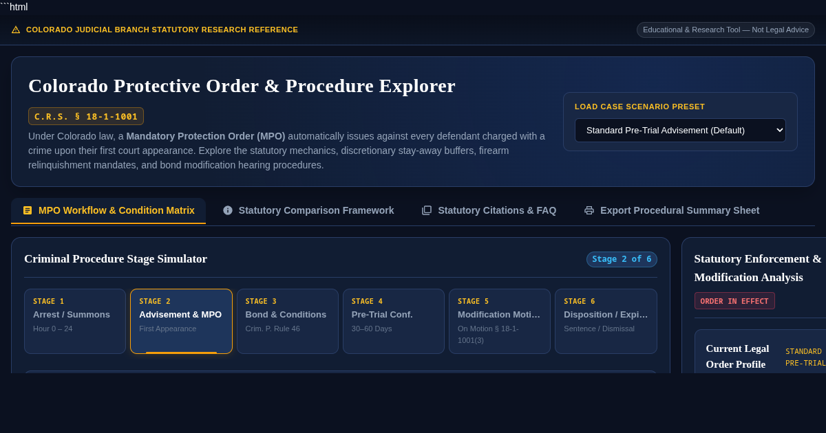 Colorado Protective Order & Criminal Procedure Explorer | C.R.S. § 18-1-1001 Guide preview