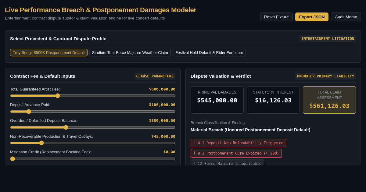 Live Performance Breach & Postponement Damages Modeler preview