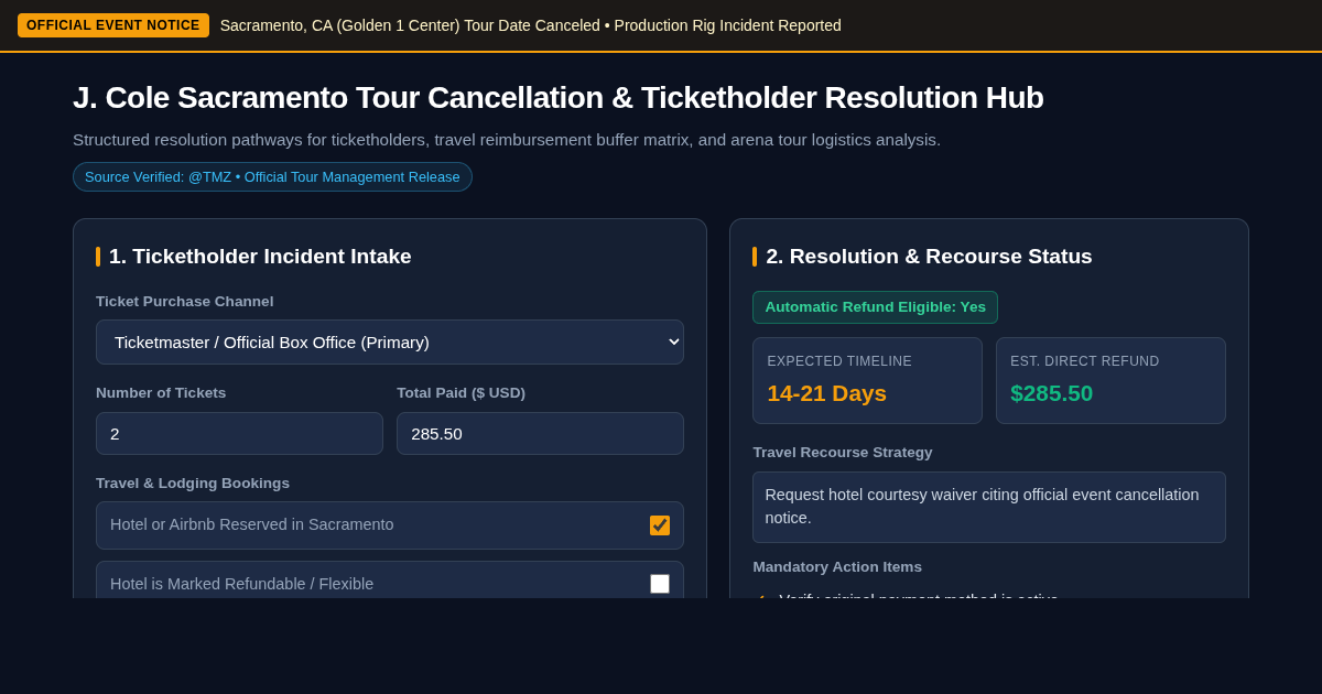 J. Cole Sacramento Tour Cancellation & Ticketholder Resolution Hub preview