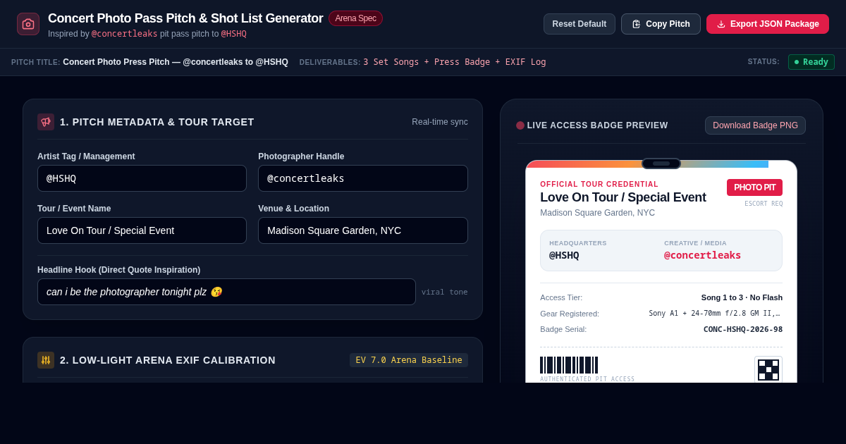 Concert Photo Pass Pitch & Shot List Generator preview