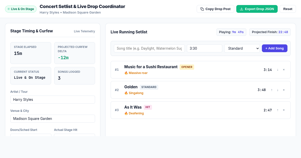 Concert Setlist & Live Drop Coordinator preview