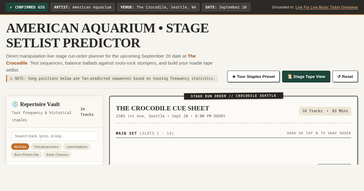 American Aquarium at The Crocodile (Seattle, Sept 20) | Setlist Predictor & Stage Run Planner preview