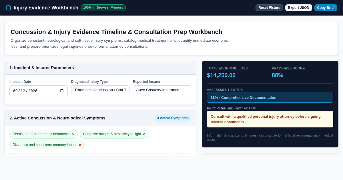 Concussion & Injury Evidence Timeline & Consultation Prep Workbench preview