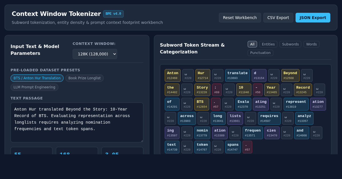 Context Window Tokenizer & Entity Representation Workbench preview