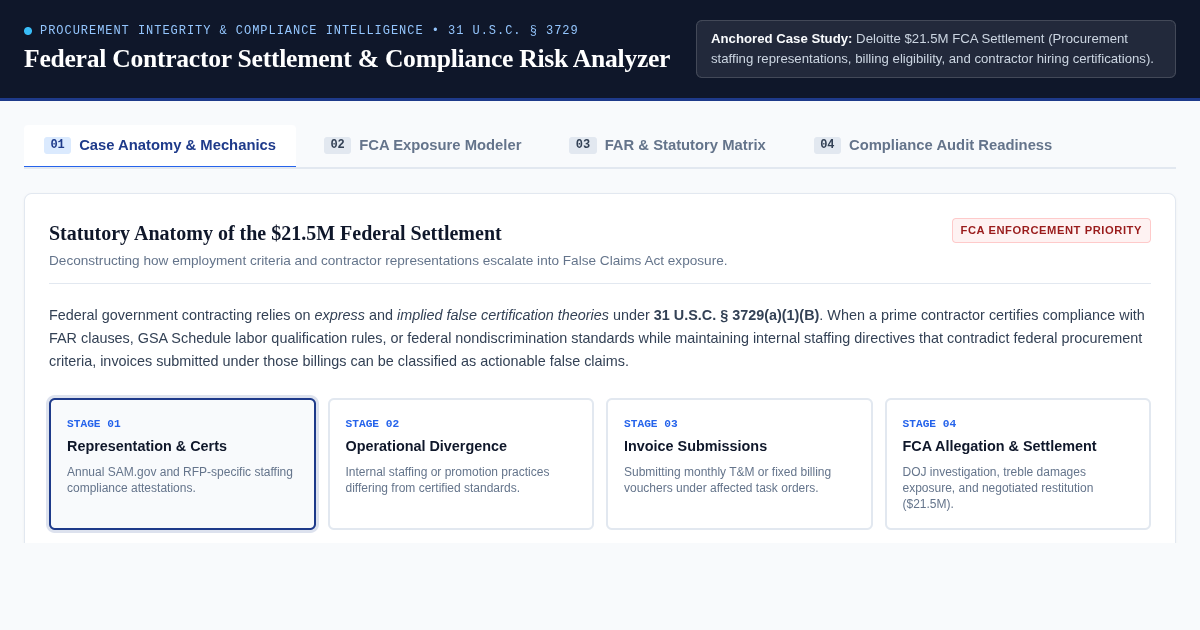 Federal Procurement Settlement & Compliance Risk Analyzer (FCA 31 U.S.C. § 3729) preview