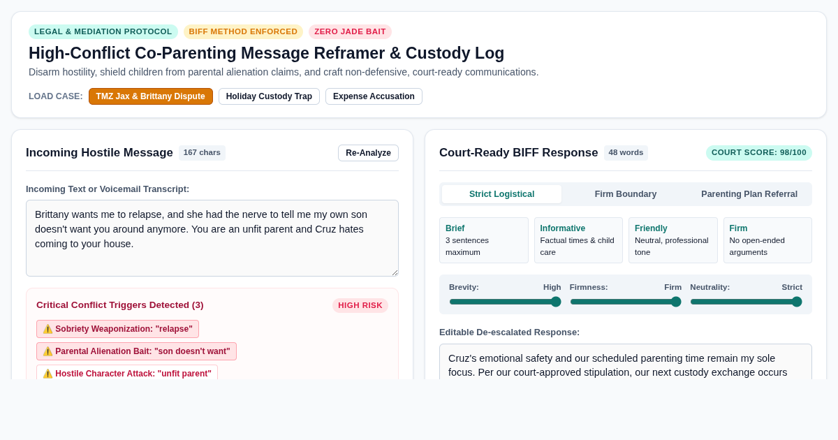 High-Conflict Co-Parenting Message Reframer & Custody Log preview