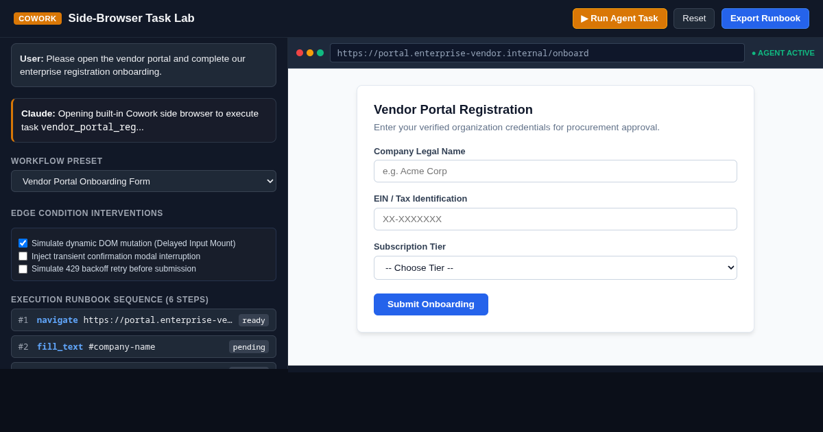 Cowork Side-Browser Agent Simulator & Runbook Studio preview
