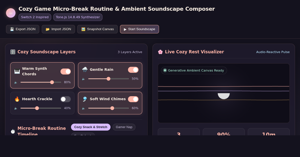 Cozy Game Micro-Break Routine & Ambient Soundscape Composer preview