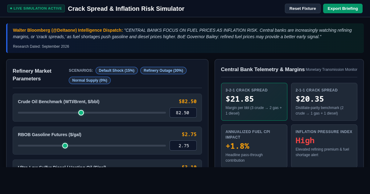 Crack Spread & Inflation Risk Simulator | Central Bank Energy Watch preview