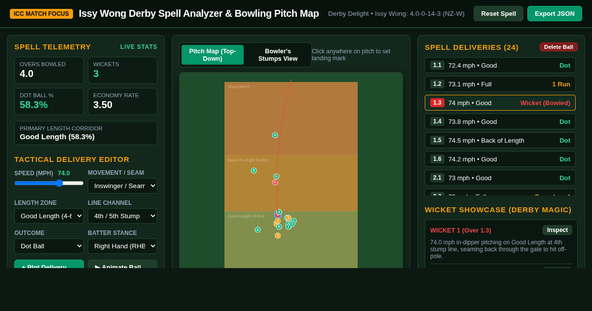 Issy Wong Derby Spell Analyzer & Bowling Pitch Map preview