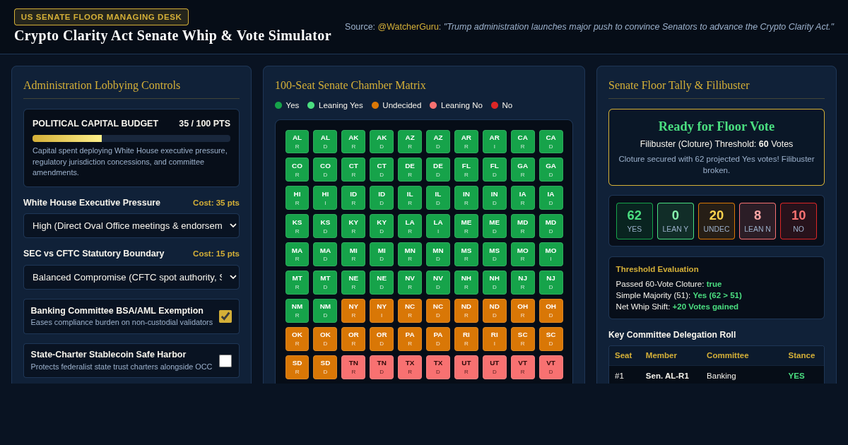 Crypto Clarity Act Senate Whip & Vote Simulator preview