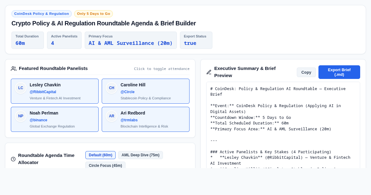 CoinDesk Policy & Regulation: AI Roundtable Agenda & Brief Builder preview