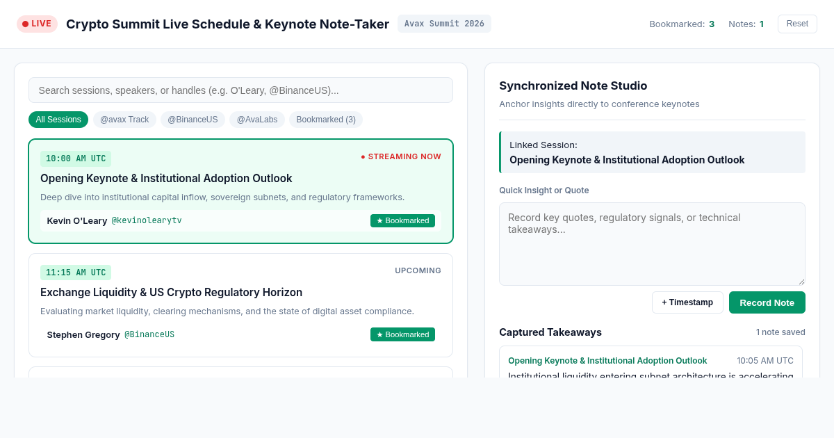 Crypto Summit Live Schedule & Keynote Note-Taker preview