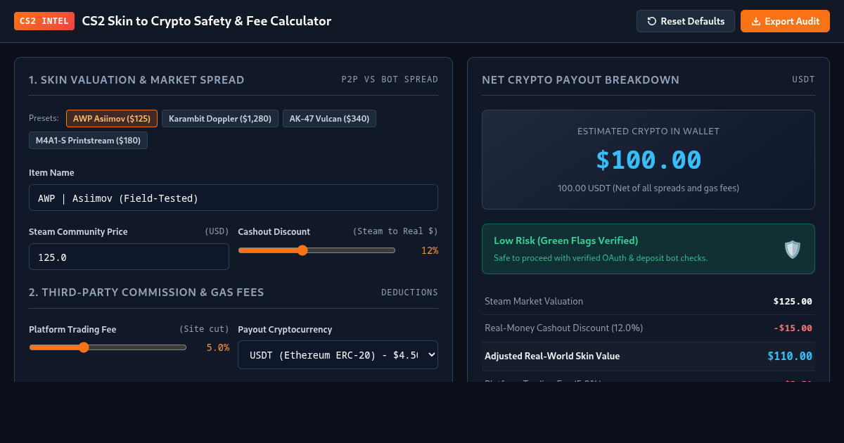 CS2 Skin to Crypto Safety & Fee Calculator preview