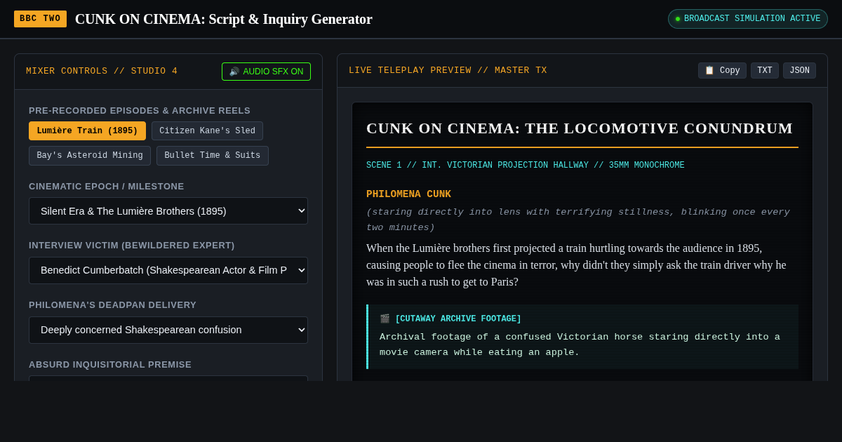 CUNK ON CINEMA: Script & Inquiry Generator preview