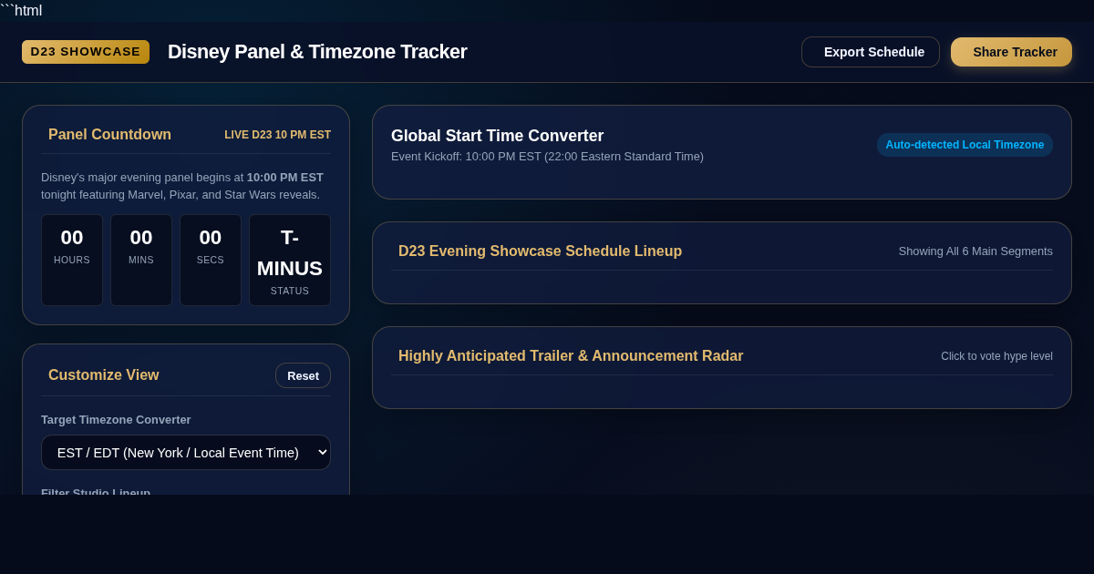Disney D23 Panel Schedule & Timezone Tracker preview