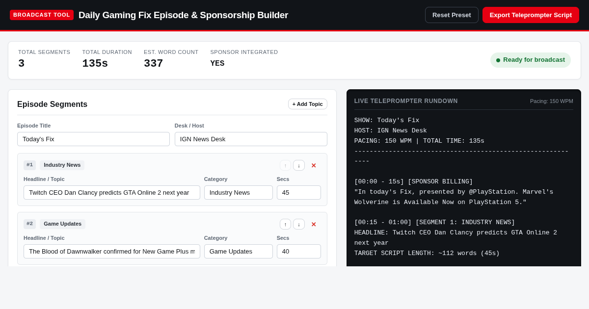 Daily Gaming Fix Episode & Sponsorship Builder preview